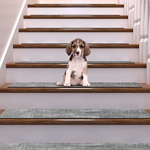 Non-Slip Stair Treads For Wooden Steps Stair Treads Carpet Indoor, 15 Pcs 8 * 30 Inch, Rubber Backing Repeated Use No Glue Quick-Dry Machine Washable, For Baby Pets, Grey Texture #TOP7