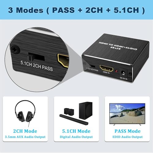 Image of ETZIN 4K x 2K HDMI Audio Extractor Splitter,HDMI to HDMi Audio and Optical TOSLINK SPDIF Audio Converter Adapter with 3.5mm Stereo AudiO Splitter Adapter,Black EPL-494H