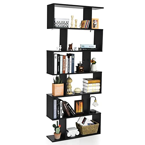 COSTWAY Bibliothèque avec 6 Etagères en Forme de S, Étagère de Rangement de Style Industriel avec Dispositif Anti-Dumping 80 x 23 x 191 CM pour Salon, Chambre, Blanc/Noir/Café (Noir)