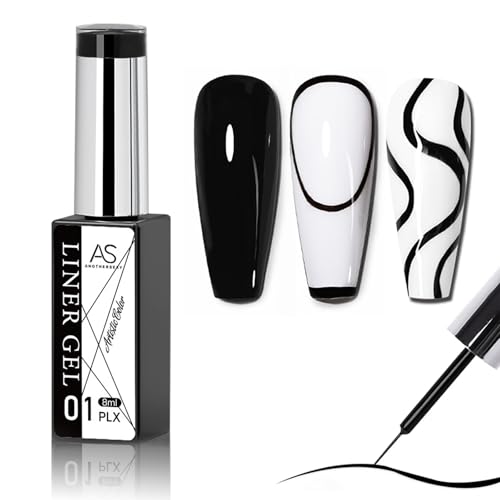 Black Gel Liner Nail Polish - French Manicure Gel Polish - Black Nail Art Gel Nail Varnish Pen Built-In Thin Brush - Soak off UV Nail Gel Polish for DIY Nail Painting Salon at Home