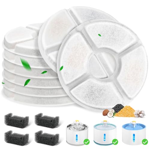 12 Pack Cat Water Fountain Filter, 8 Pcs Cat Fountain Filters Replacement Dia is 5' & 4 Pcs Pre-Filter Sponges for 81oz / 2.4L Round Automatic Pet Water Fountain Dog Dispenser, 3-Filtration System