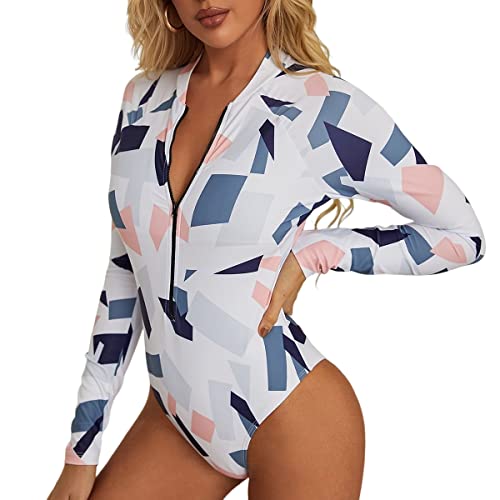 Wdirara Women's Long Sleeve Tummy Control Geometric Print Zipper Front One Piece Swimsuit White Pink M #TOP23