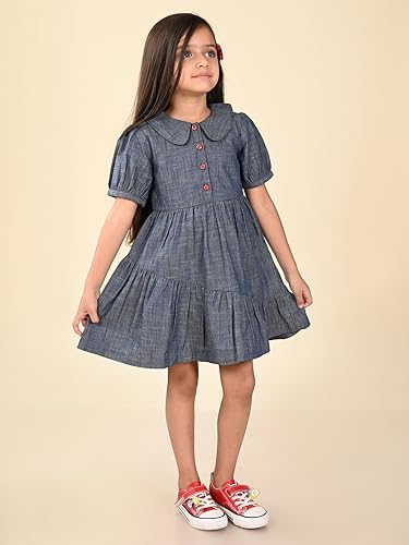 Image of LILPICKS Solid Button Down Drop Waist Denim DressFor Girls (Blue)