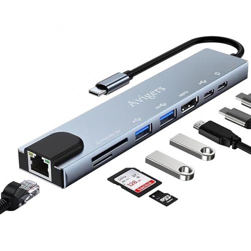Avigers USB C Hub (8-in-1), USB C Multiport Adapter mit 100W PD, 4K HDMI, SD&TF Kartenleser, USB 3.0, Ethernet LAN Adapter f&uuml;r MacBook Air/Pro, Huawei, Dell und mehr (Grau)