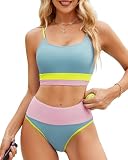 High Waisted Bikini Sets Swim Suits for Women 2025 Tummy Control Swimsuits Sporty Athletic Bathing Suits Color Block 2 Pieces Pink&Green&Blue Large