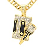 Pitmmord Hip Hop Rapper Music Necklace Alloy Microphone Pendant Necklace Rhinestones Tape Necklace(Gold)