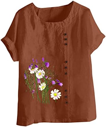 FOCLMP Women Floral Print Linen Shirts Short Sleeve Gauze Tops Loose Fit Cotton Blouses Trendy 2024 Clothing