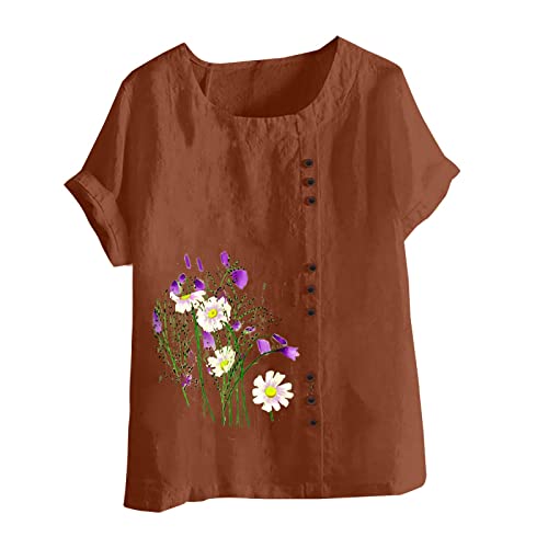 FOCLMP Women Floral Print Linen Shirts Short Sleeve Gauze Tops Loose Fit Cotton Blouses Trendy 2024 Clothing