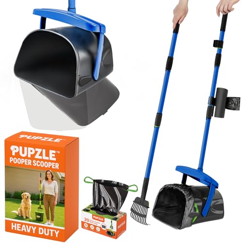 Pupzle Dog Pooper Scooper with Bag Attachment, 40" Long Handle Pooper Scooper for Large Dogs, Dog Poop Scoop for Yard, Large Capacity Swivel Bin and Rake, Lavender Scented Bags (Blue)
