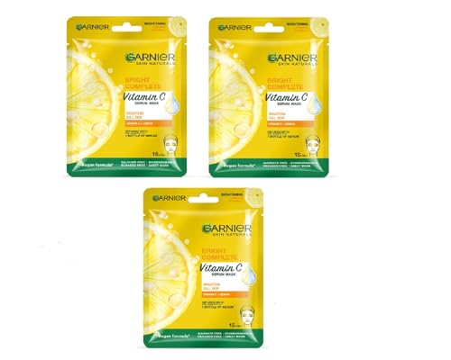 Image of Garnier skin naturals serum sheet mask bright complete vitamin-c,28g (item of pcs-3) 84g | 28g per piece, 84g total