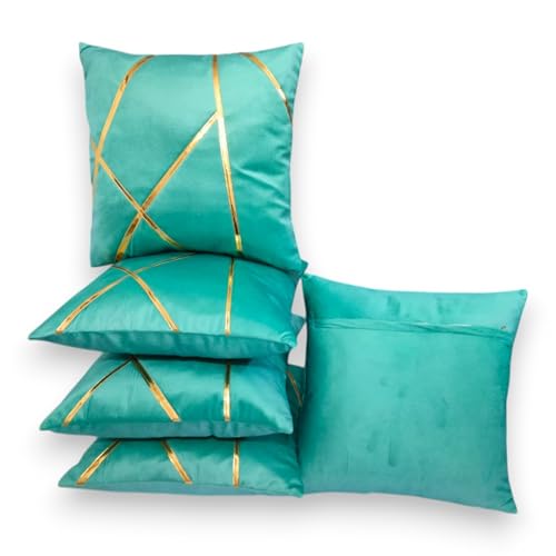 Image of Zikrak Besur Gold Stripe On Velvet|Pack of 5 Cushion Cover|for Home Decoration|Living Room Decor|Hotel Premeuim Qulaity Cushion Cover|Exclusive ON Amazon (Aqua, 18 X 18 INCH(45 X 45 CM))
