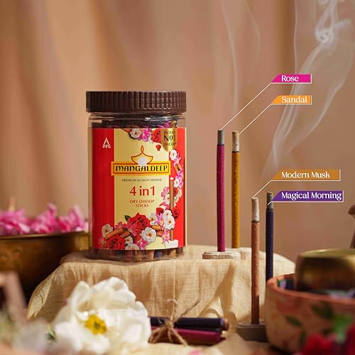 Image of Mangaldeep Bamboless Dry Dhoop Sticks 4in1 Jar - sandal, rose, magical morning and modern musk fragrances (200 gms)