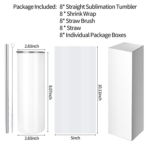 D·s 8 Pack Sublimation Tumblers 20 Oz Skinny Stainless Steel Insulated Straight Sublimation Tumbler Blank With Straw, Lid, Brush And Shrink Wrap #TOP8