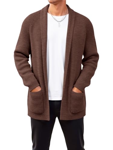 Runcati Mens Shawl Collar Long Cardigan Casual Knit Open Front Sweater Fall Winter Thermal Cardigan Sweater Coffee