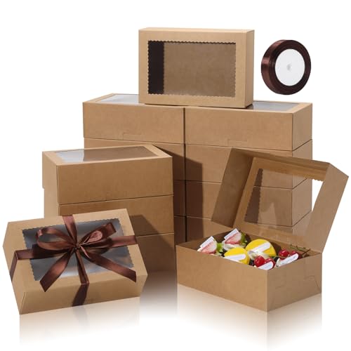 COTOPHER 10Pcs Cookie Boxes with Ribbons, 9x6x3 Inch Brown Bakery Boxes