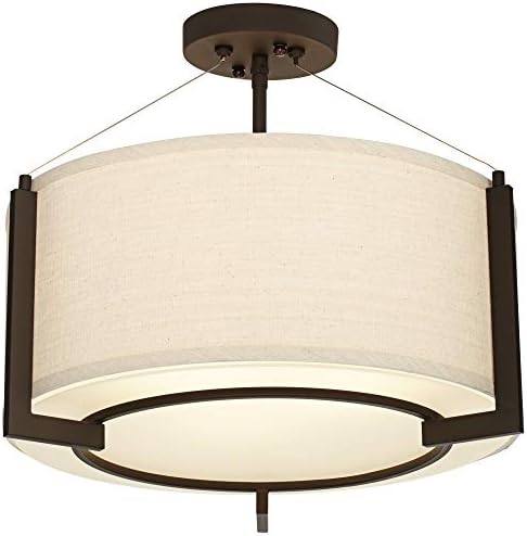 Possini Euro Design Stinson Modern Ceiling Light Semi Flush-Mount Fixture 17 1/4 Wide Bronze 3-Light Linen Drum Shade Frosted Glass Diffuser for Bedroom Kitchen Living Room Hallway Dining Bathroom