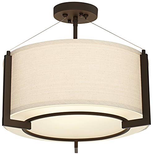 Stinson Modern Ceiling Light Semi Flush-Mount Fixture 17 1/4" Wide Bronze 3-Light Linen Drum Shade Frosted Glass Diffuser For Bedroom Kitchen Living Room Hallway Dining Bathroom - Possini Euro Design #TOP5