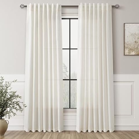 SMABU Cream Linen Curtains for Living Room 2 Panels Set Back Tab Light Filtering Semi Sheer Curtains 84 Inches Long Modern Farmhouse Bedroom Curtains Boho Style Window Drapes 52x84 Cover