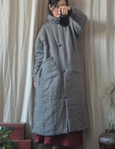 NFYM Women Winter Long Coat Quilted Jacket Thicken Padding Retro Mandarin Collar Button Down Outwear4