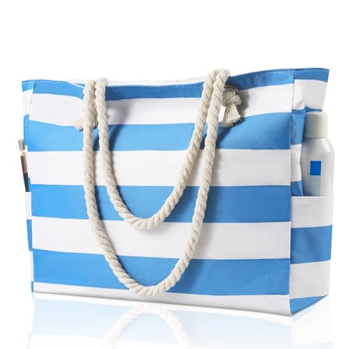 WORPICE Beach Bag - Large Zippered Bag with Adjustable Rope Handle, Durable Shoulder Bag
