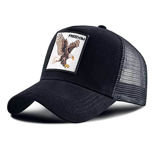 Czapka baseballowa, czapka z siateczki, 5 paneli, oddychająca, regulowana, czapka baseballowa, czapka trucker cap dla mężczyzn i kobiet, Orzeł, czarny, jeden rozmiar