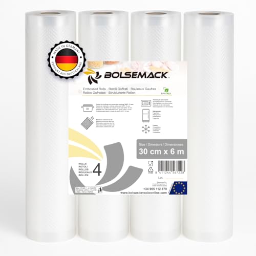 Bolsemack Rollo Gofrado 30cm X 6m 4 Uds Envasadora Al Vacío Bolsas De Vacio Para Alimentos - Resistente, Seguro Y Económico - Certificación Europea, Reutilizable, Ideal Cocina Sous Vide