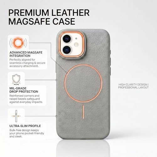 Image of amazon basics Luxury MagSafe Compatible Leather Texture Back Cover for iPhone 12 Pro | Raised Camera Protection | Slim Fit Shockproof Case with Metallic Accents (Gray)