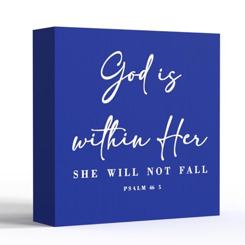 God Is Within Her Bible Verse Artwork Blue Wood Box Sign Rustic Farmhouse Style Psalm 46 : 5 Christian Wood Block Plaque 5 X 5 Inches Home Office Desk Sign Decor for Presents