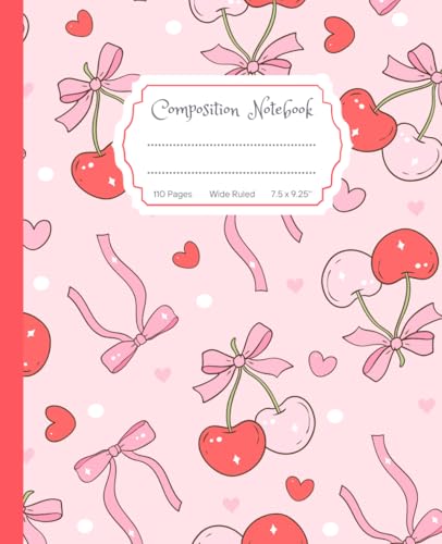 Super Cute Girly Pastel Pink & Red Bows, Hearts and Cherries, Cherry Coquette Composition Notebook: Wide Ruled Aesthetic Cool Design; Preppy Lover ... for Girls, Kids, Teens; Perfect Gift for Girl image 2