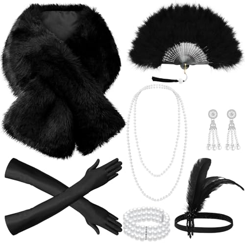 8 Pcs 1920s Flapper Costume Accessories Set Headband Earrings Gloves