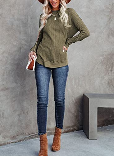 Dokotoo Womens Ladies Winter Waffle Solid Oversized Sweatshirts Vintage Casual Crewneck Long Sleeve Fall Shirts Side Split Spring Pullover Blouse Tops Lightweight Sweaters Green Us(4-6) S #TOP6