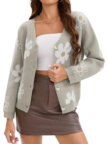 Floral Cardigan Sweaters for Women Open Front V Neck Button Down Long Sleeve Knit Outerwear Fall Outfits 2025