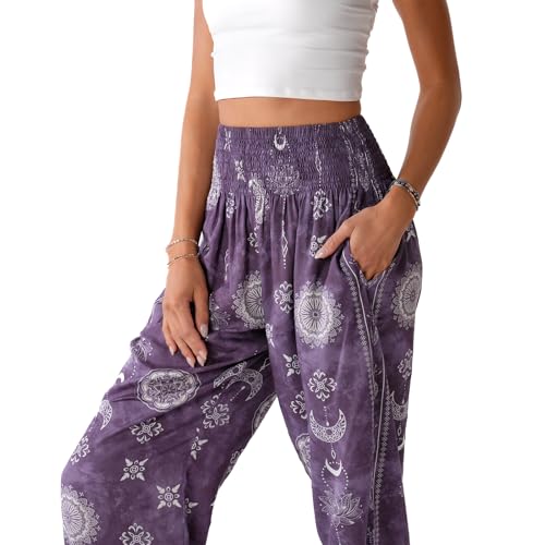 Image of Lotus and Luna Women's Harem Pants Thai Pants for Beach & Lounge High Waisted Flowy Boho Pants Genie Pants Yoga Pants