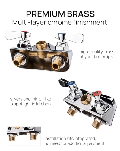 Sepaitek Leak-Free Commercial Sink Faucet 4\" Center 12\" Spread Spout, Wall Mount Bar Faucet 4 inch Center 2 hole 2 Handle, for Triple 3 Compartment Sink, Restaurant Laundry Hand Wash Industrial, Brass