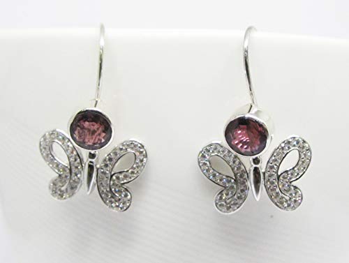 handmade 925 sterling silver dangle drop earrings with genuine red tourmaline and whit cz, butterfly microsetting style earrings, 5 mm tourmaline earrings, butterfly silver earrings