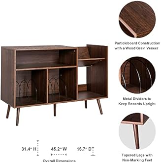 RARZOE Large Record Player Stand, Mid Century Concord Turntable Stand Table Holds Up to 350 Albums, Vinyl Record Storage Cabinet with Wood Legs for Living Room Office, Walnut Brown
