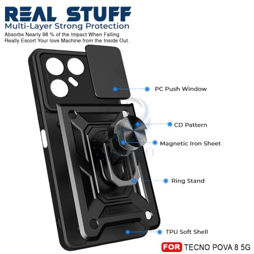 Image of AESTMO Tough Armor Tecno Pova 8 5G Bumper Back Case Cover | Ring Holder & Sliding Camera Shield Cover | 360 Degree Protection Back Case Cover for Tecno Pova 8 5G (Black)