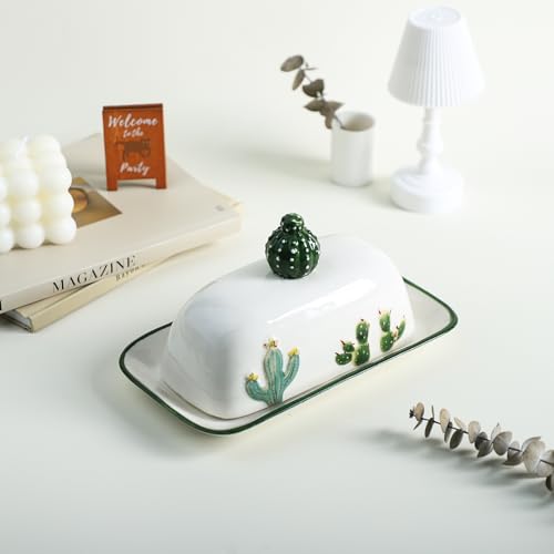 Bicuzat Ceramic Butter Dish with Lid Butter Keeper Butter Plate Tray for Kitchen Countertop Embossed Cactus Pattern Butter Crock Keeper Saver-A-7.5 In by Bicuzat - Image 3