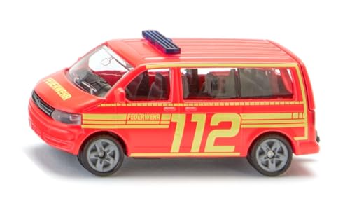 Siku 1547 VW T5 Feuerwehr Einsatzleitung Metall/Kunststoff Rot/Gelb Spielzeugauto für Kinder Heckklappe zum Öffnen Anhängerkupplung