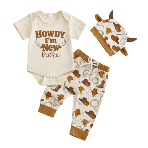 #ColaboraciónPagada<br>Conjunto Bebé Recién Nacido Niño con Estampado de Letras I'm New Here Camiseta de Manga Corta Pantalón y Gorro 3 Piezas Verano Ropa 3Pcs albaricoque I'm new here 0 3 Meses