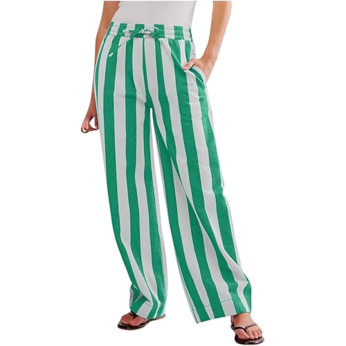 QIGUANDZ Vertical Striped Wide Leg Pants Womens Vintage High Waist Loungewear Pant Fashion Casual Loose Fit Pocketed Trousers Green
