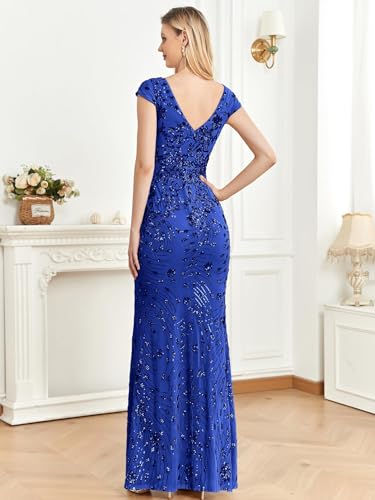 Image of Womens Sequined Long Evening Gown Glamous Sleeveless V-Neck Mermaid Prom Dress for Wedding Party Club Occasions