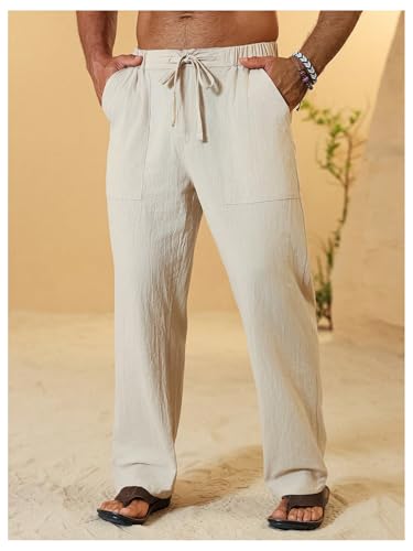 Men's Drawstring Waist Linen Pants Straight Wide Leg Resort Vacation Trousers with Pockets2