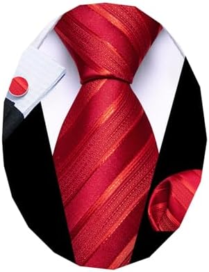 Barry.Wang Striped Men Ties Set Silk Necktie Handkerchief Cufflinks