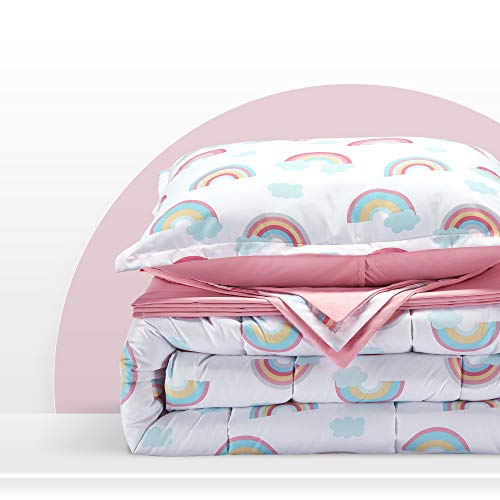 Sleep Zone Kids Bedding Comforter Set Full/Queen Size - 7 Pieces Super Cute & Soft Bedding Sets & Collections With Comforter, Sheet, Pillowcase & Sham - Fade Resistant Easy Care (White/Pink Rainbow) #TOP4