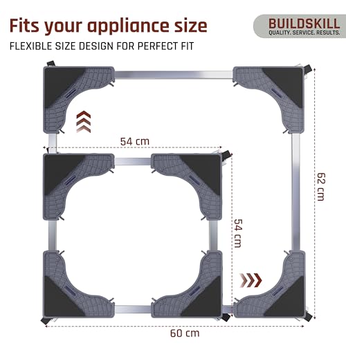 Image of BUILDSKILL 200Kg Washing Machine Stand Adjustable | SS Tubes | 360 Rotating Double Wheels with Lock | Absorbs Vibration | Anti-Skid Top & Front Load Washing Machine Trolley (Grey)