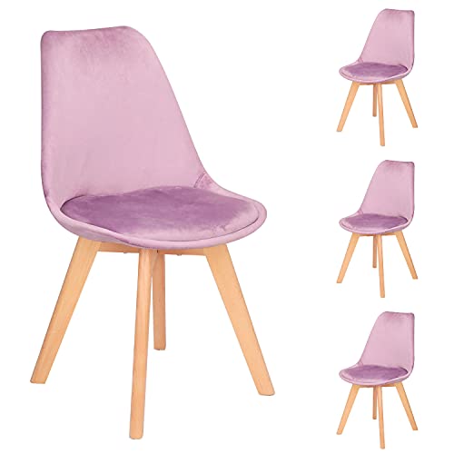 Injoy Life Lot de 4 chaises de salle à manger modernes et confortables en velours avec pieds en bois massif et chaises latérales rembourrées pour cuisine, salon, chambre à coucher Rose Cover