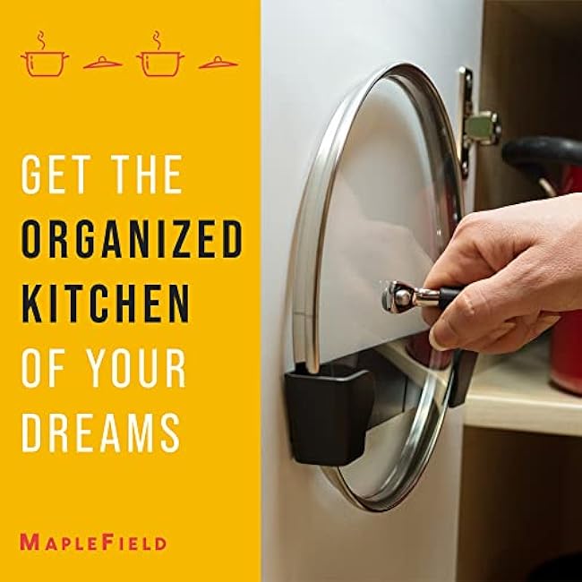 Maplefield Pot Lid Organizer for Kitchen Cabinets & Doors - Pack of 2 (6 & 9) Black - Stick-On Clips with Adjustable Pan Lid Storage Rack - No Tools Installation