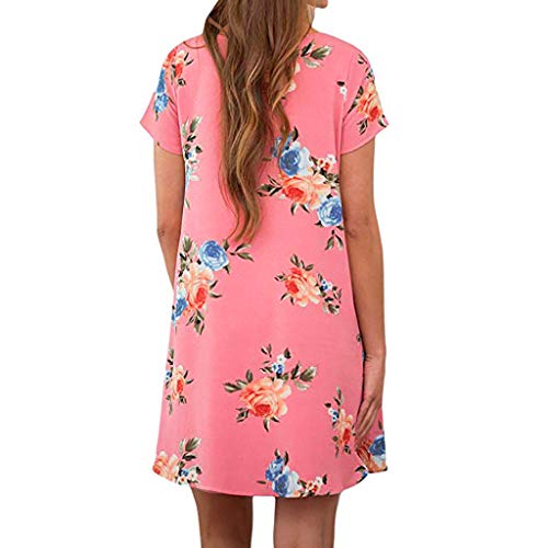 Women Plus Size Mini Dress,Kingwo Casual Loose Floral Print Sundress Ladies Casual Vintage Bohemia Print Above Knee Short Short Dress UK12~22 Pink