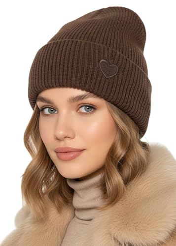 Baesics Wintermütze Braun mit Herz Damen Herren Unisex weiche kuschelige Strickmütze Beanie elastisch und warm One Size für Herbst und Winter Alltag und Outdoor Geschenk Frauen Männer